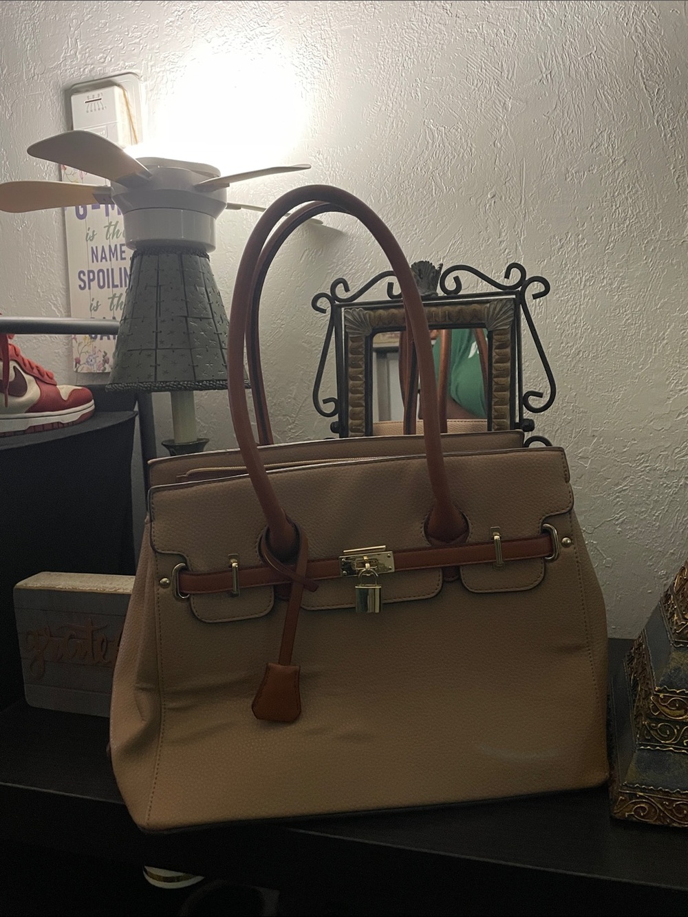 Neutral Taupe Tote with Brown Trim and Gold Accent